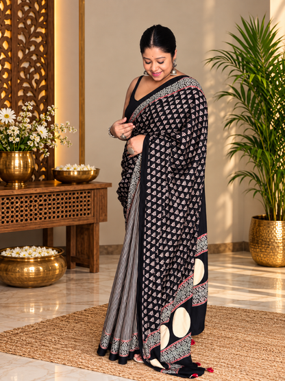 Very Beautiful Ajrakh Hand Block Printed Modal Silk Saree