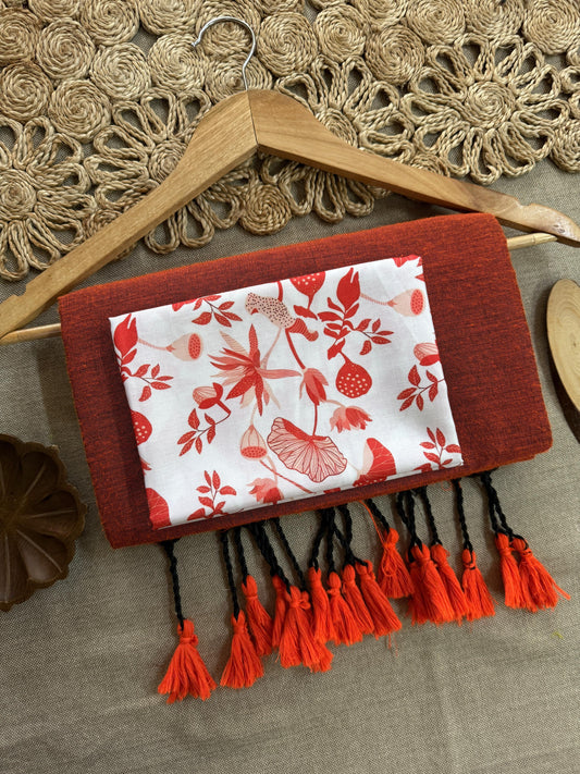 Dharma Exclusive - Orange Handloom Cotton Saree With Printed Blouse