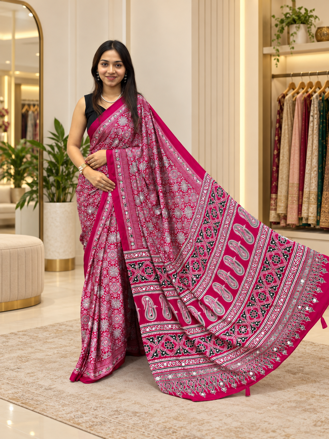 Luxury Rani Pink Ajrakh Printed Japan Silk Saree with Elegant Pallu