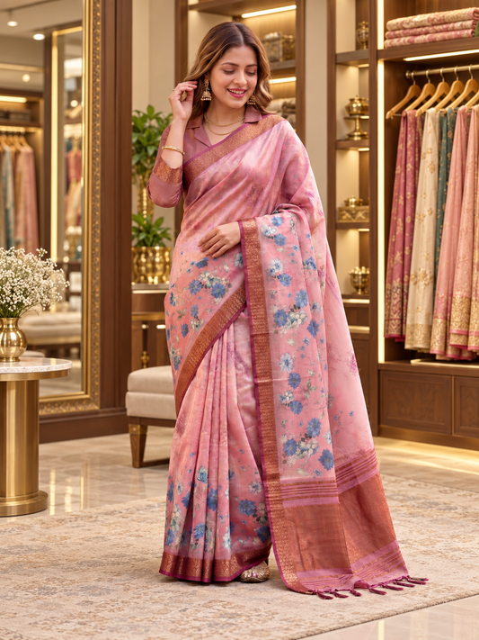 Elegant Blush Pink Floral Print Soft Tissue Silk Saree with Rose Gold Zari Border