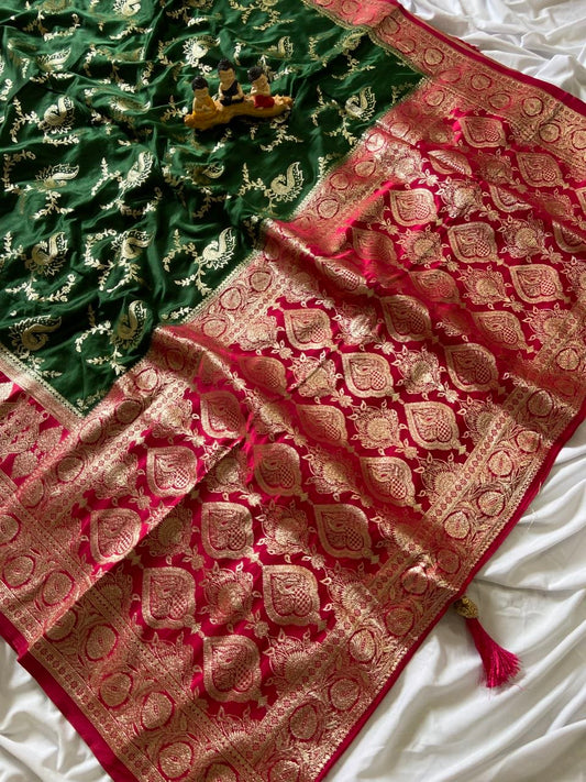 Emerald Green Pure Banarasi Silk Saree | Royal Gold Zari Weaving