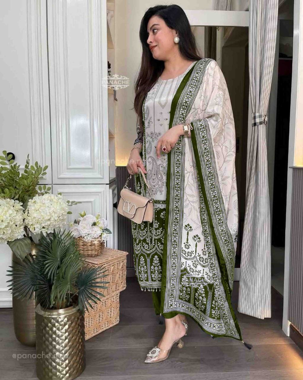 Premium Green and White Chinon Silk Salwar Suit with Premium Diamond Hand Work