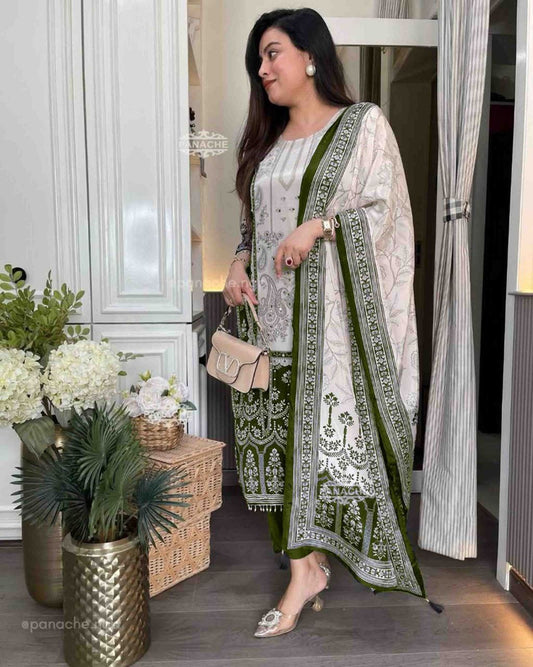 Premium Green and White Chinon Silk Salwar Suit with Premium Diamond Hand Work