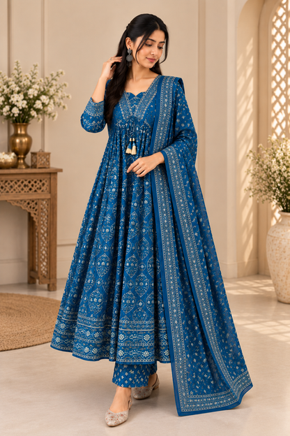 Premium Royal Blue Cotton Anarkali Suit Set