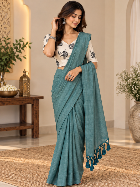 Artisanal Teal Blue Handloom Saree with Stiched Blouse