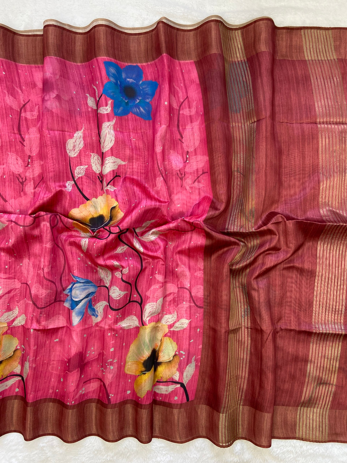 Malvika Pink-Maroon Floral Print Soft Tussar Silk Saree