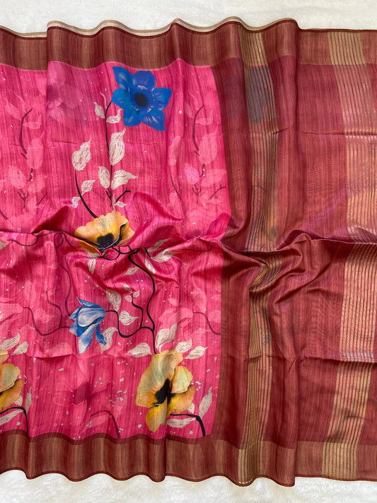 Malvika Pink-Maroon Floral Print Soft Tussar Silk Saree