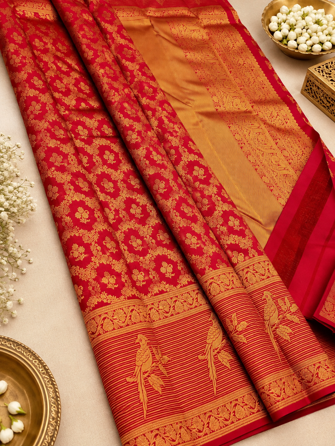 Designer Red Banarasi Silk Saree with Golden Bird Motif Border