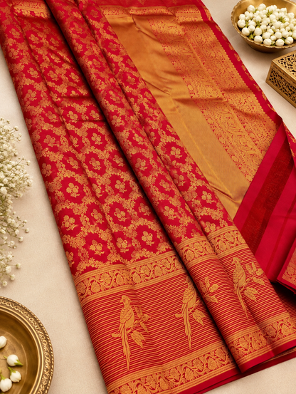 Designer Red Banarasi Silk Saree with Golden Bird Motif Border