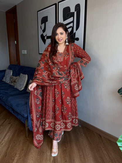 New Arrival Ajarakh Print Anarkali Suit Set