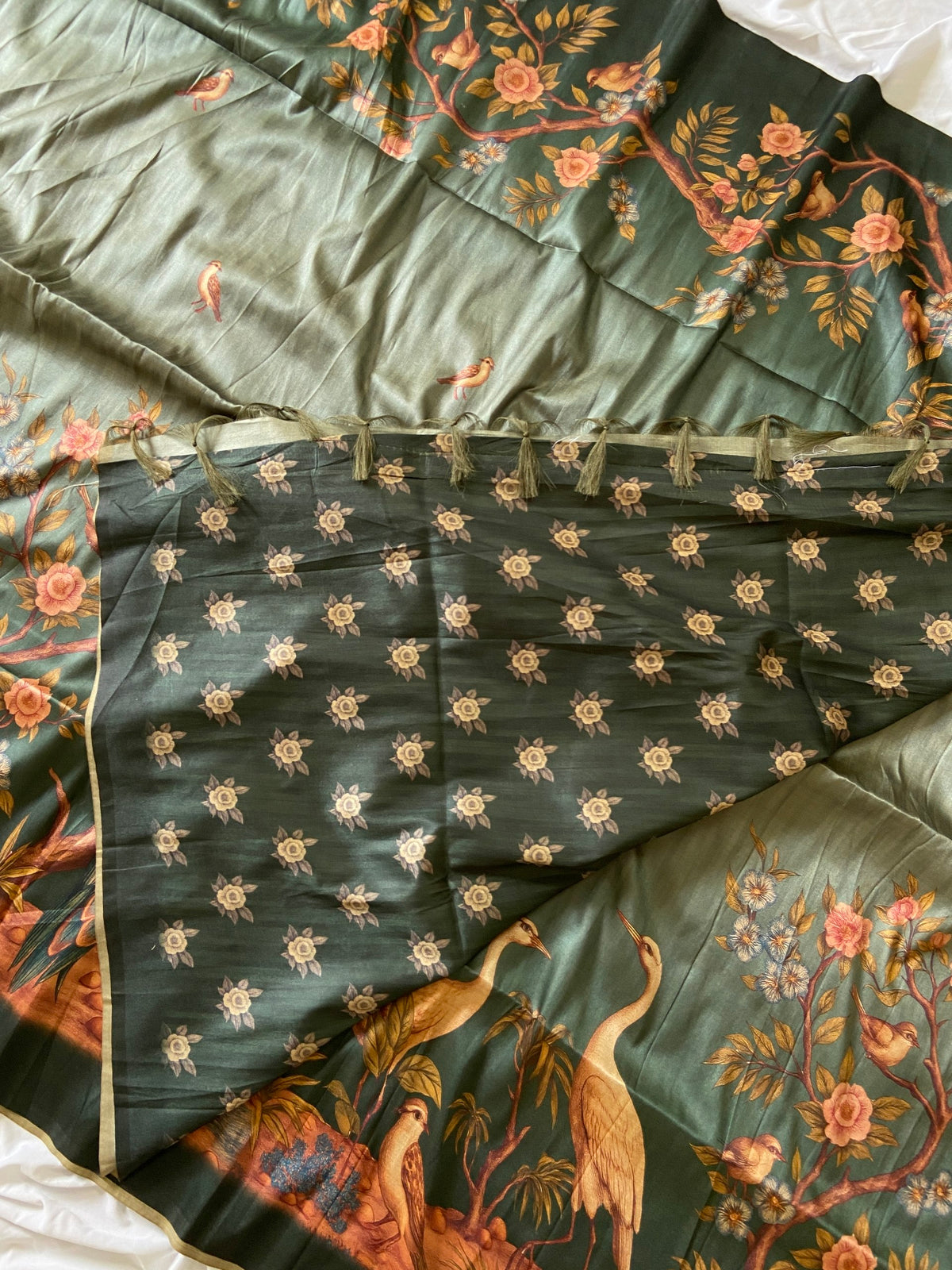 Traditional Bottle Green Crane Print Soft Tussar Silk Saree