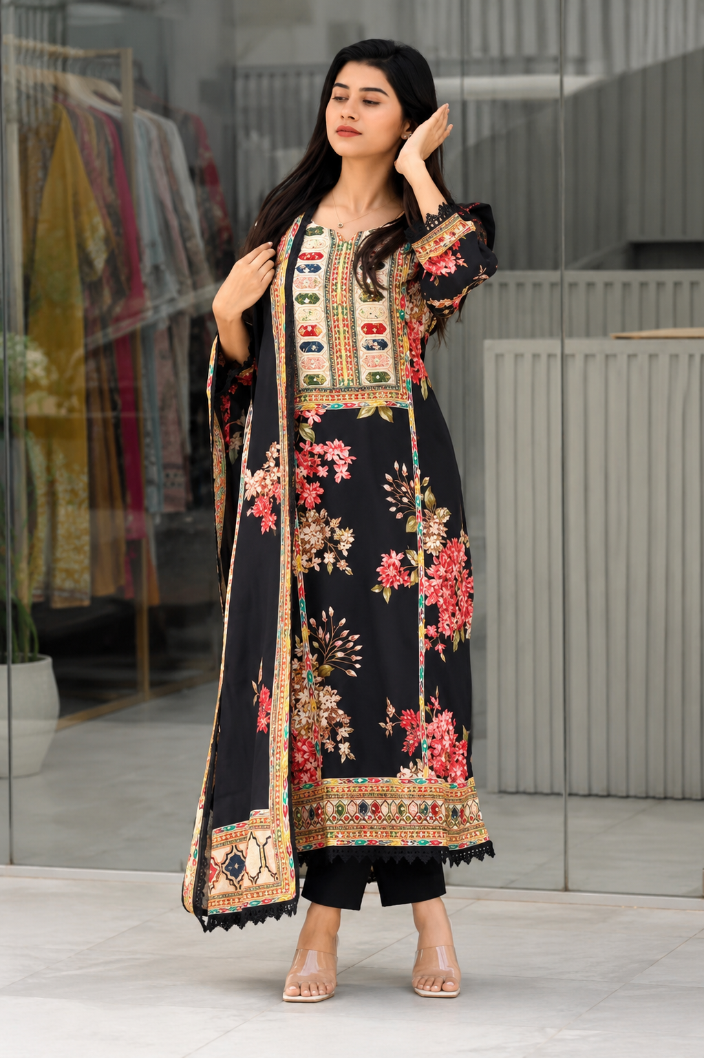 Very Attractive Floral Printed Muslin Suit Set with Sequin Embroidery Work
