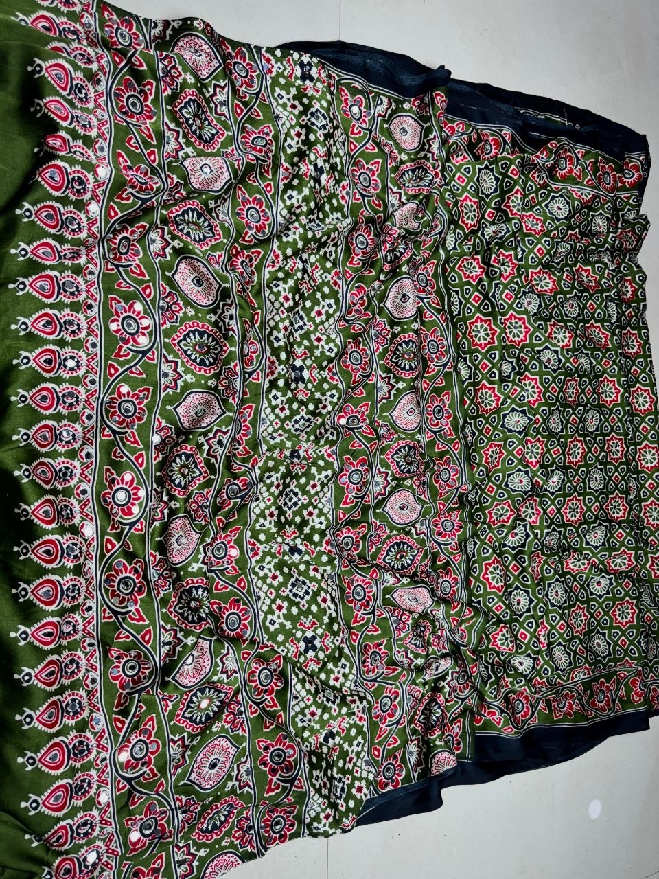 Trendy Green Ajrakh Hand-Block Printed Gajji Silk Saree With Mirror Work