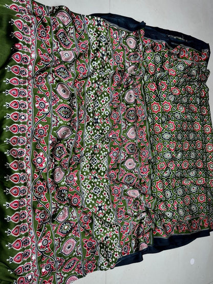 Trendy Green Ajrakh Hand-Block Printed Gajji Silk Saree With Mirror Work
