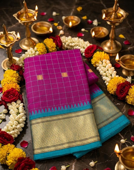 Exclusive Magenta Chex Woven Cotton Silk Saree With Gold Zari Waving Work