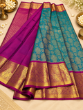 Awesome Teal Blue Pure Kanjivaram Silk Saree with Antique Gold Zari