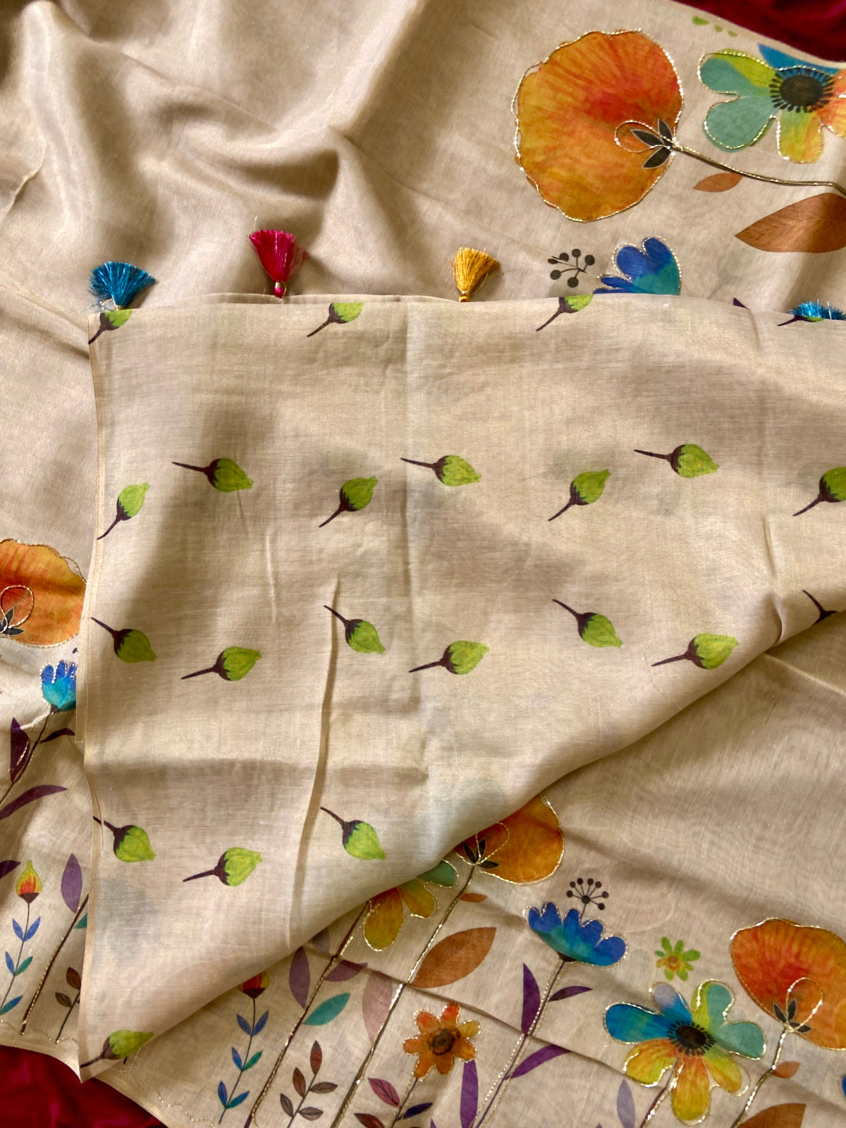 Festive Beige Blue Floral Handcrafted Aari Work Tissue Silk Saree