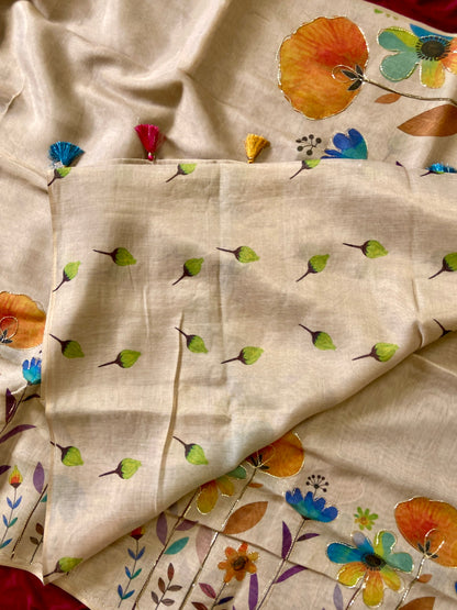 Festive Beige Blue Floral Handcrafted Aari Work Tissue Silk Saree