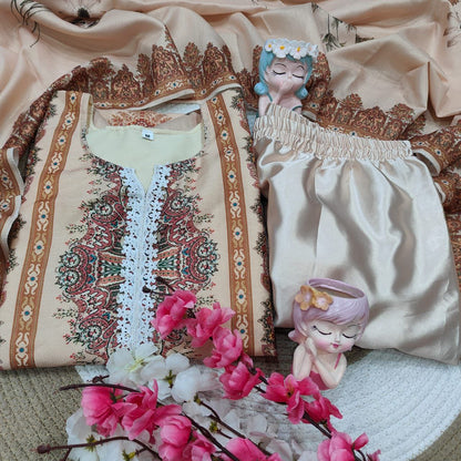 Elegant Cream Heavy Muslin Digital Printed Suit Set with Delicate Lace Work