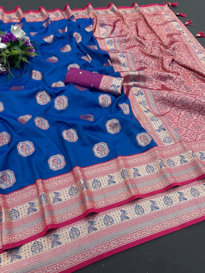 Elegant Blue Silk Saree With Royal Pink Zari Border For Women