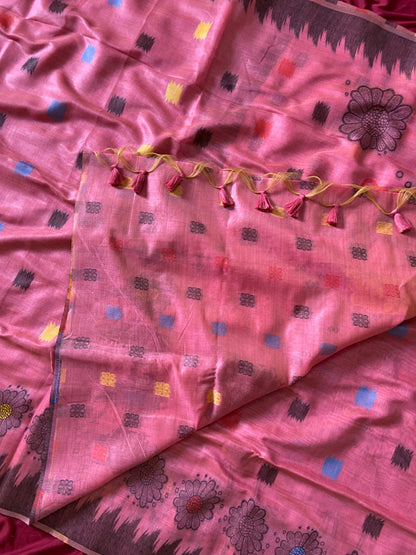 Inaya Blush Pink Floral Woven Soft Muga Cotton Saree