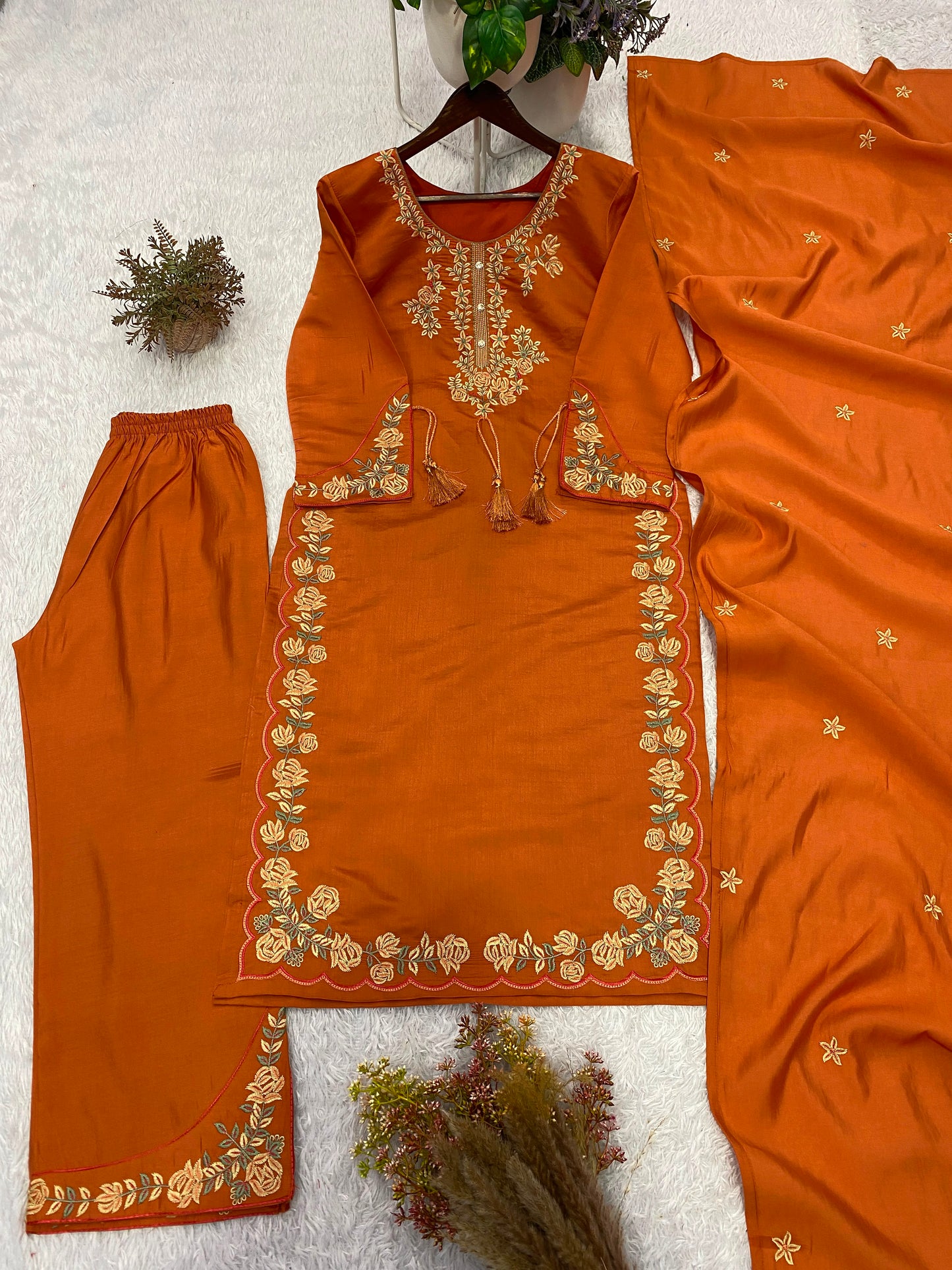 Elegant Orange Embroidered Roman Silk Suit Set with Dupatta
