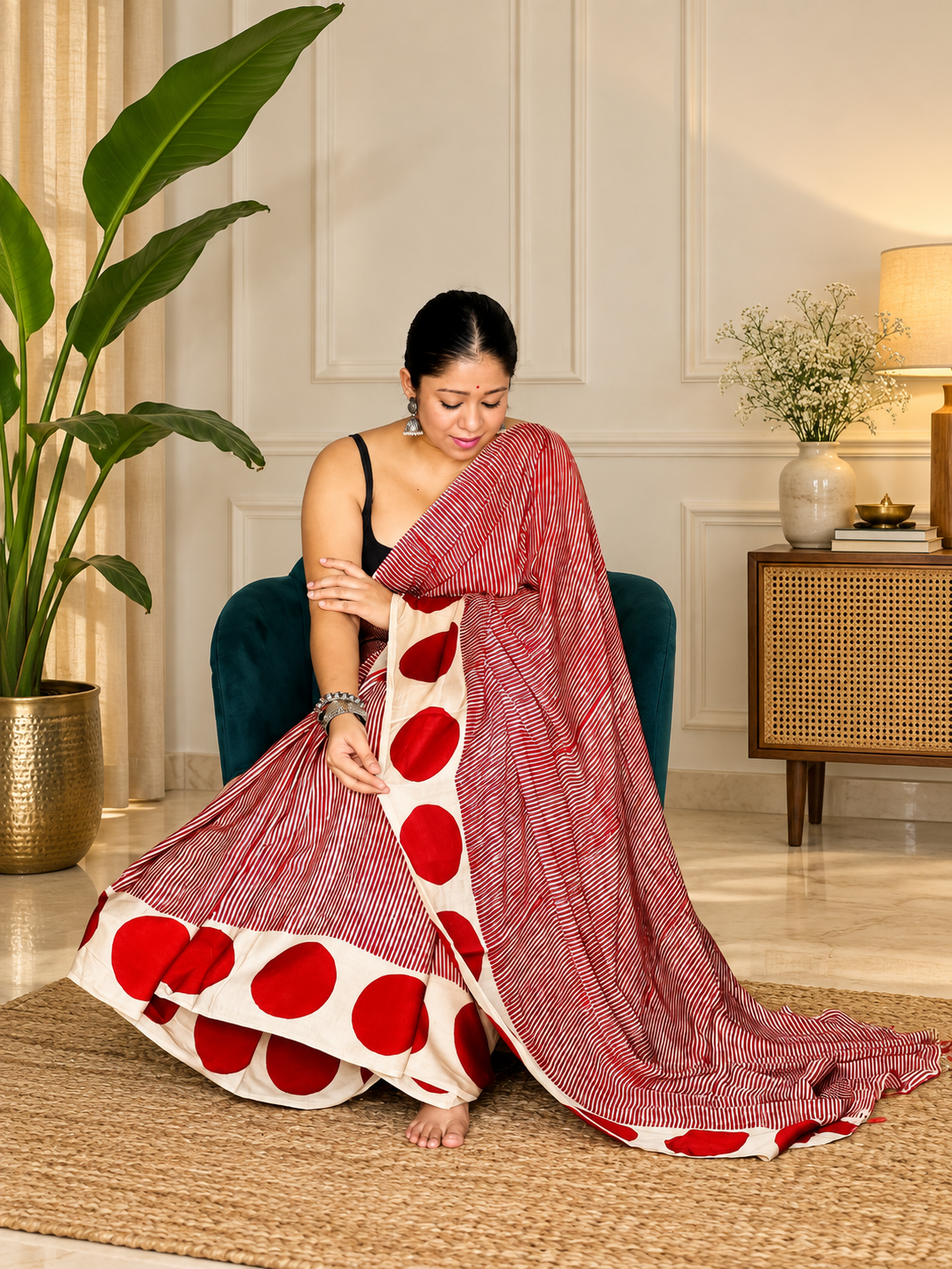 Designer Red Handblock Micro-Striped Modal Silk Saree
