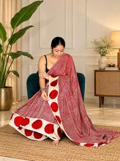 Designer Red Handblock Micro-Striped Modal Silk Saree