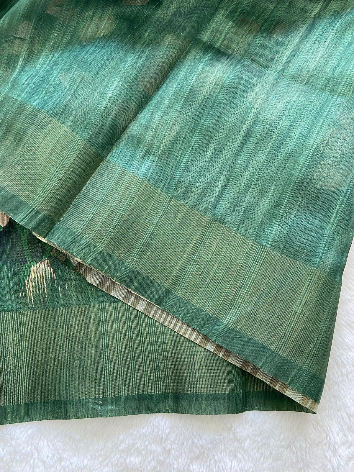 Emerald Green Floral Prints Soft Tussar Silk Saree with Tassel Pallu