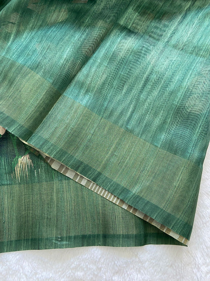 Emerald Green Floral Prints Soft Tussar Silk Saree with Tassel Pallu