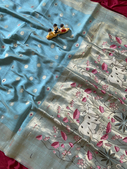 Vamika Pastel Teal 3D Woven Soft Muga Cotton Paithani Saree