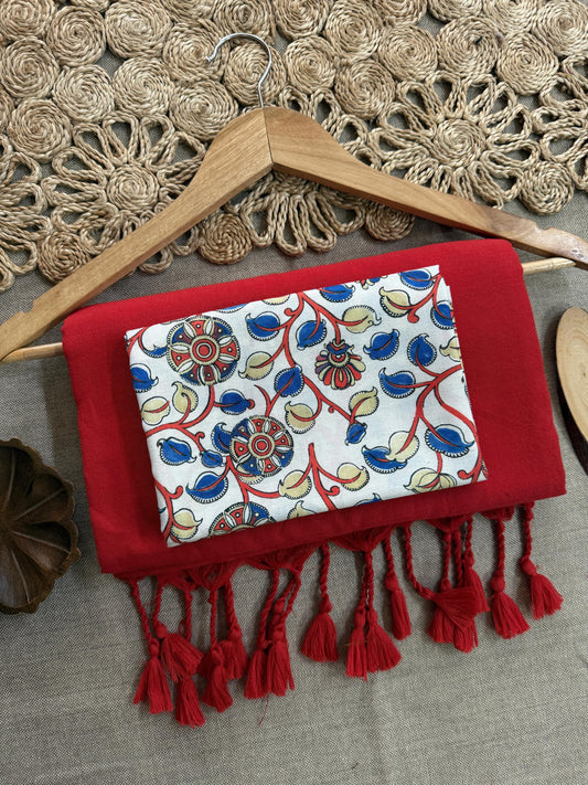 Dharma Exclusive - Red Handloom Cotton Saree With Kalamkari Printed Blouse