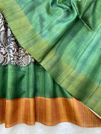 Traditional Emerald Green Soft Tussar Silk Saree with Kalamkari Block Prints