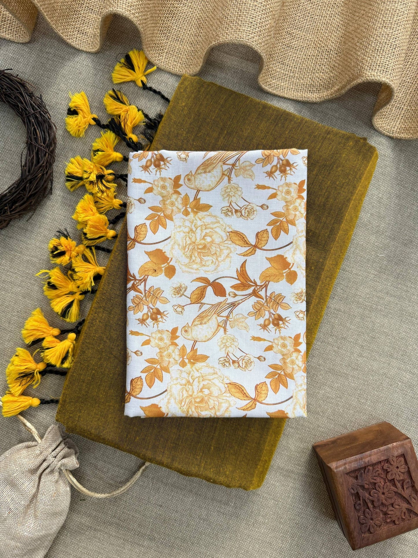 MAGIC- MUSTERD HANDLOOM COTTON SAREE WITH PRINTED BLOUSE