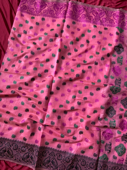 Elegant Rose Pink Premium Soft Muga Cotton Woven Saree