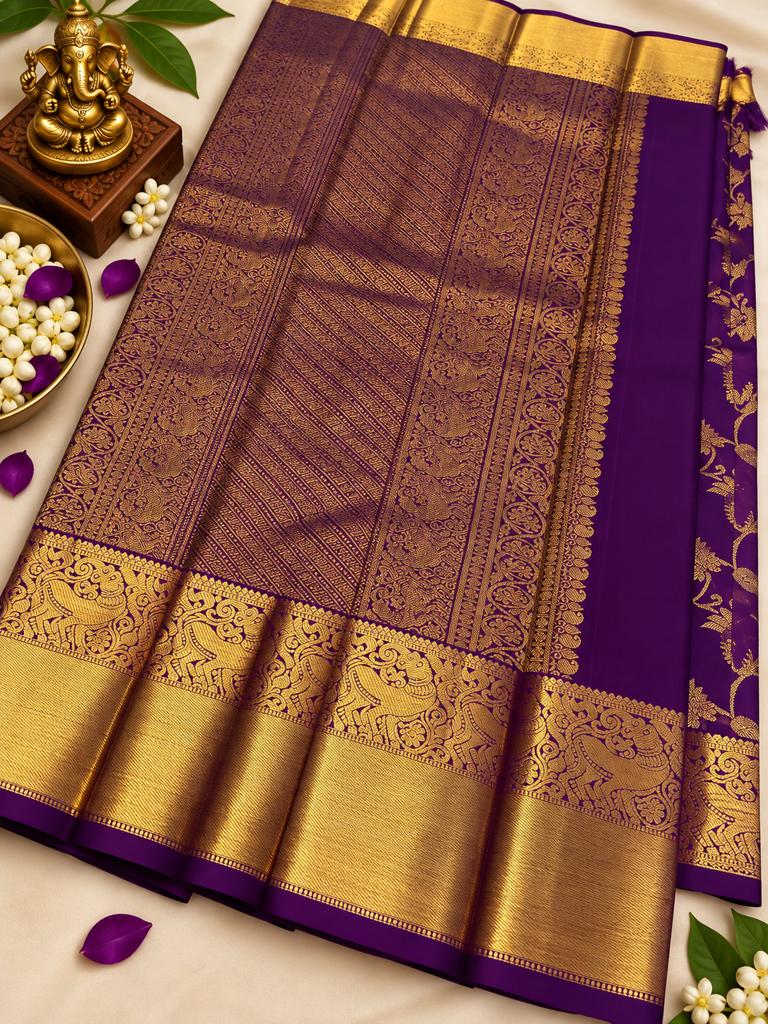 Royal Purple Handwoven Soft Banarasi Silk Saree with Intricate Gold Border