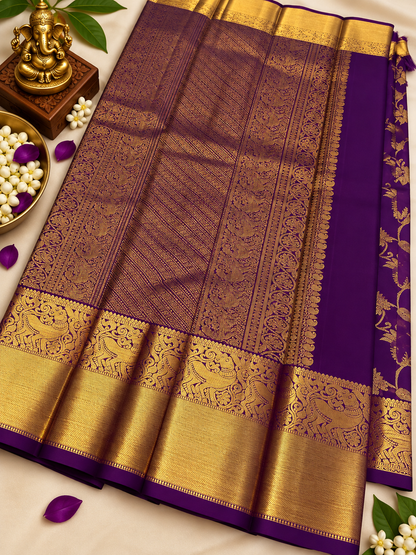 Royal Purple Handwoven Soft Banarasi Silk Saree with Intricate Gold Border