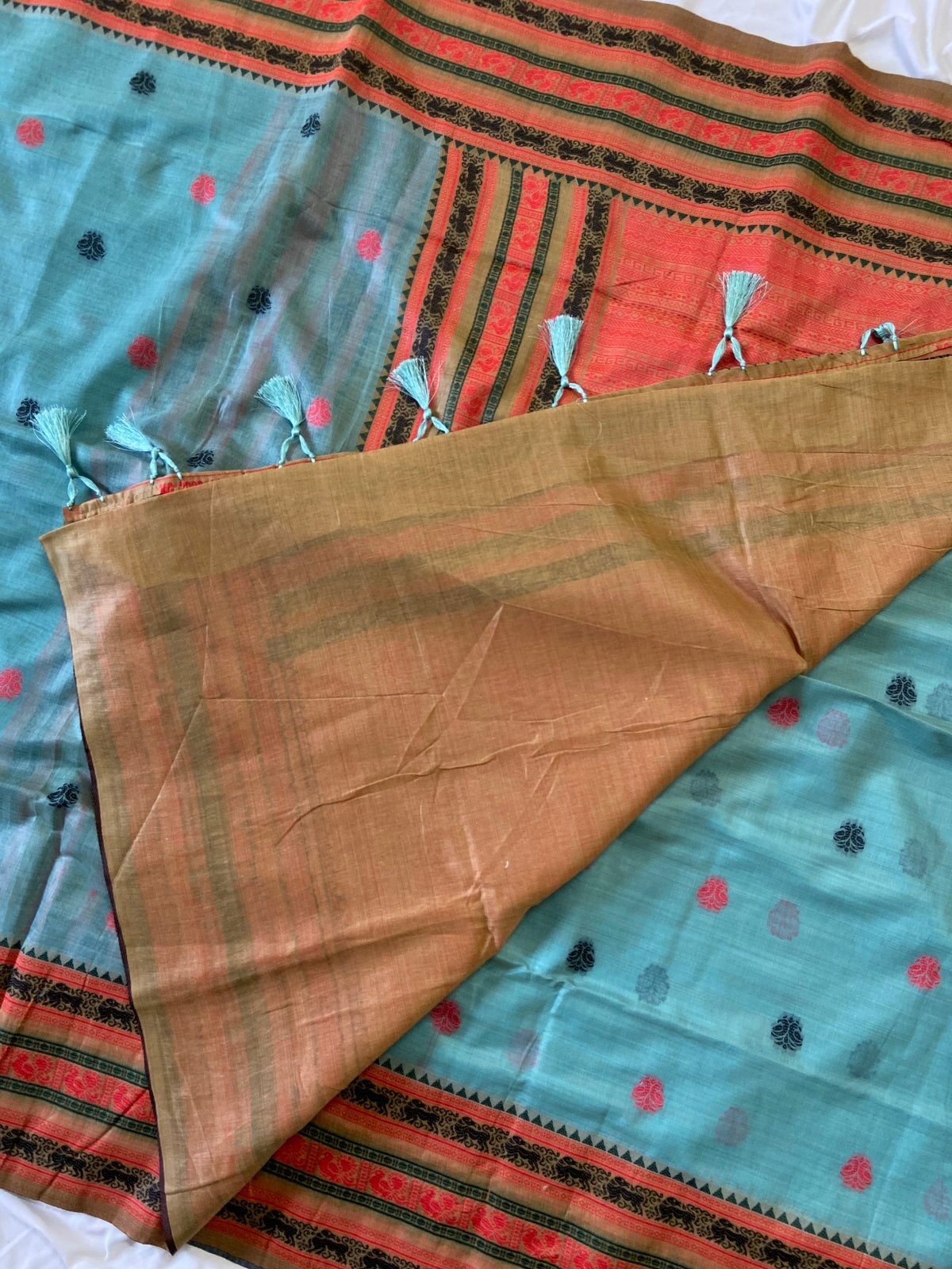 Traditional Sea Green Soft Muga Cotton Saree with Traditional Border and Tassels