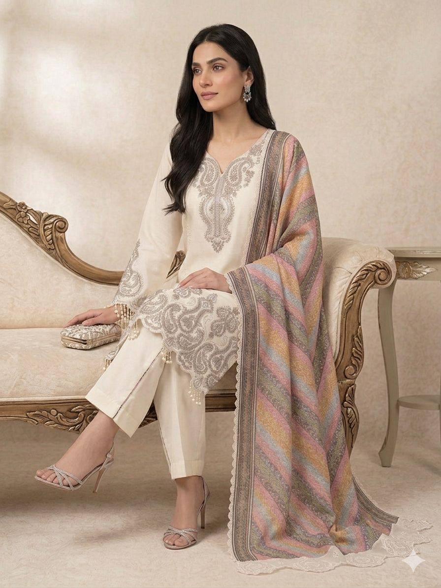Elegant Star Georgette Embroidered Salwar Suit with Multicolor Chevron Dupatta