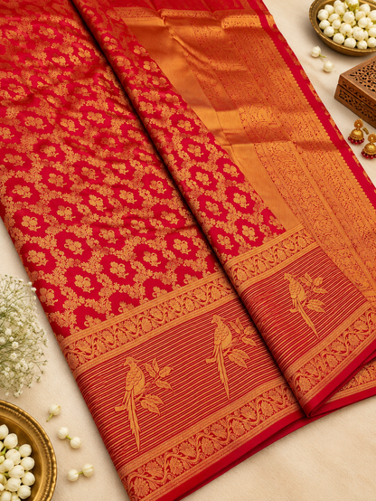 Designer Red Banarasi Silk Saree with Golden Bird Motif Border