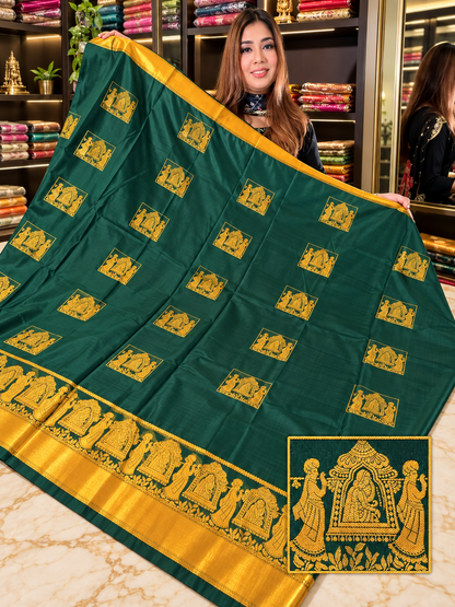 Festive Dark Green Soft Banarasi Silk Saree with With Deserving Blouse Piece