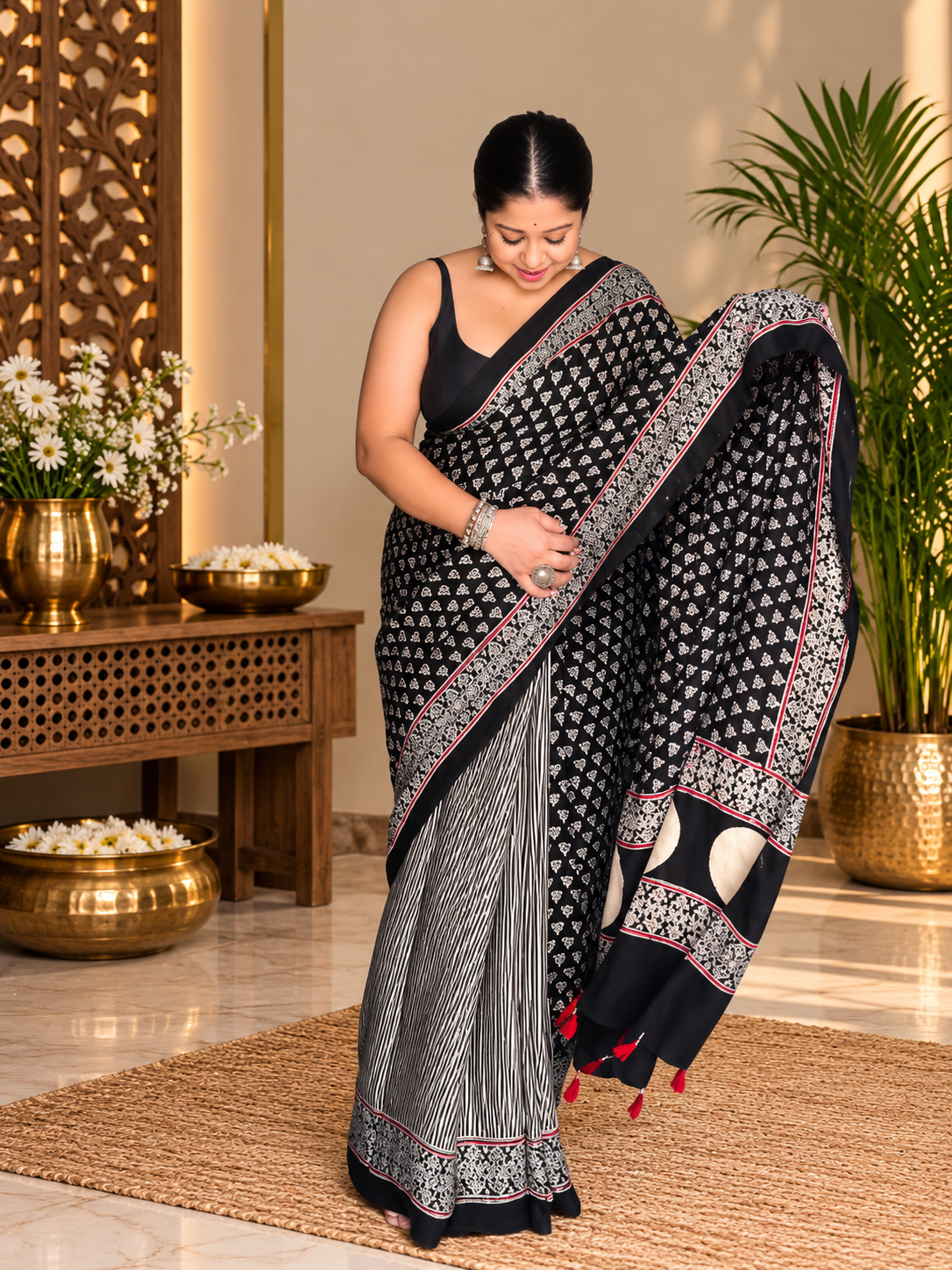 Very Beautiful Ajrakh Hand Block Printed Modal Silk Saree