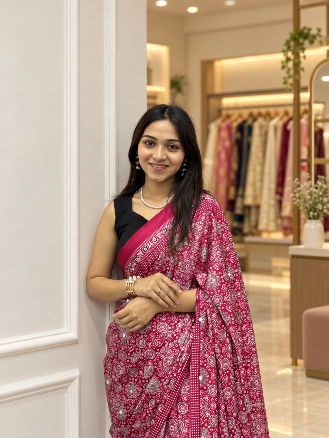 Luxury Rani Pink Ajrakh Printed Japan Silk Saree with Elegant Pallu