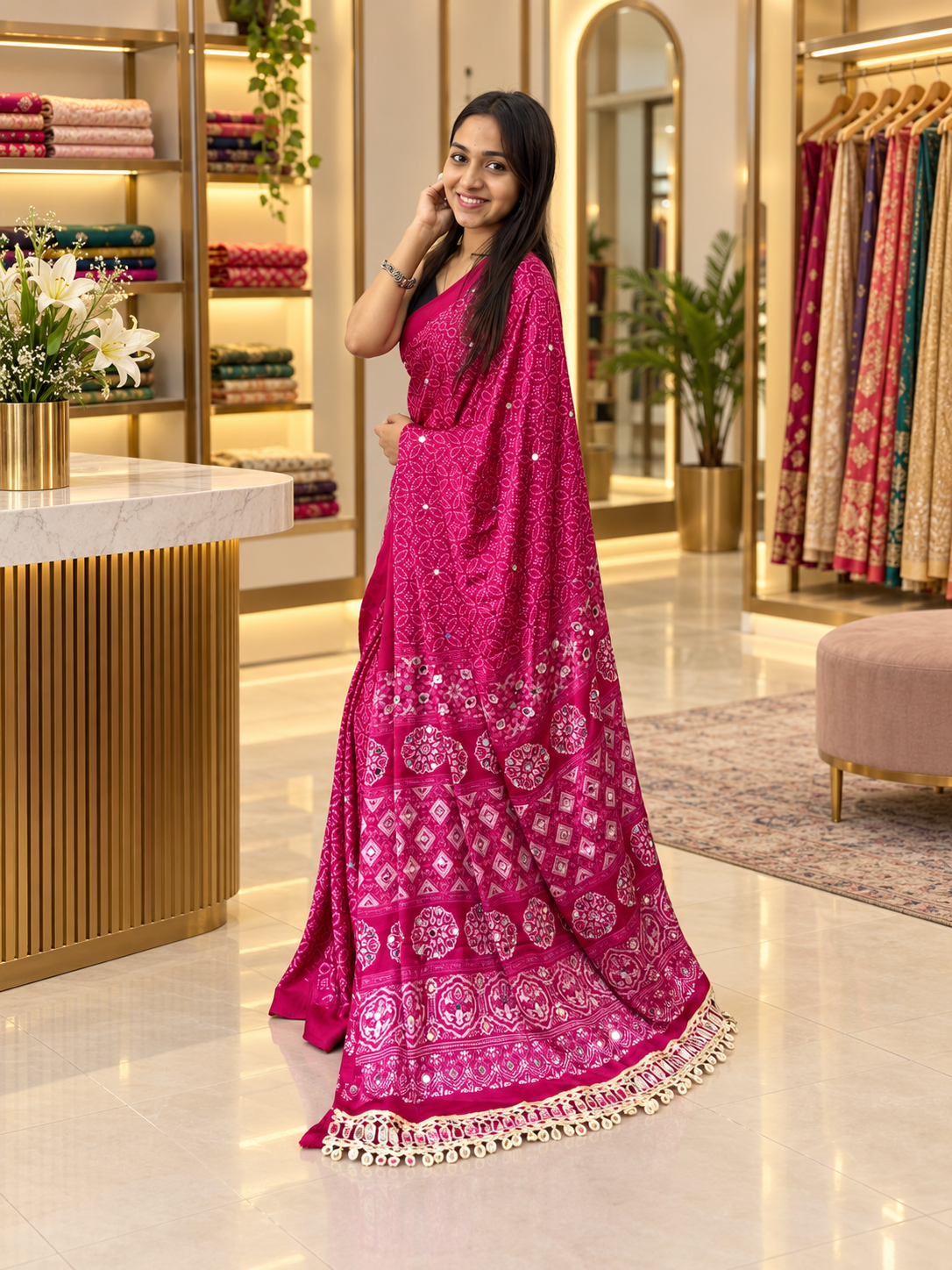 Treditional Festive Pink Gajji Silk Saree with Elegant Mirror Work & Tassels