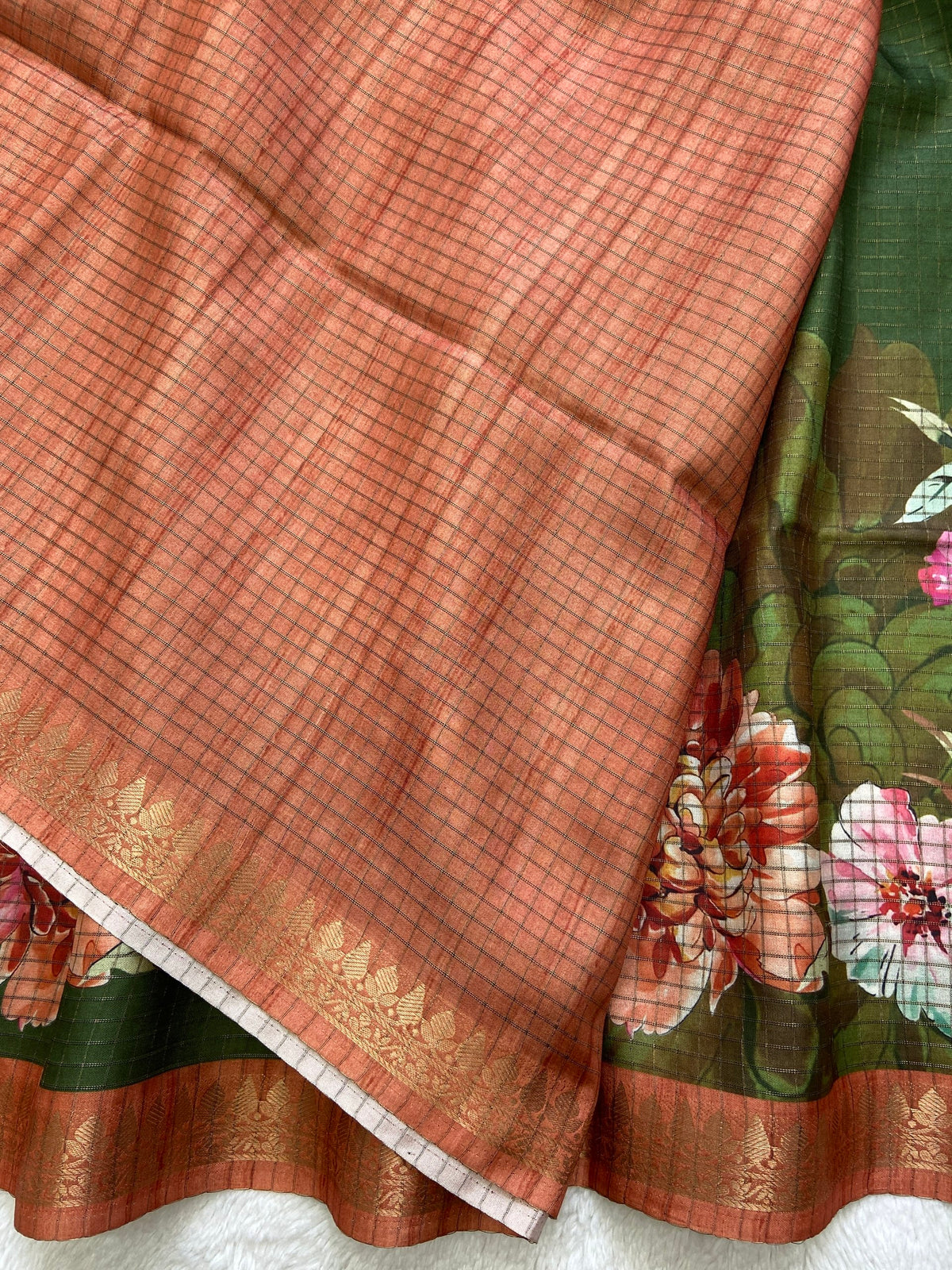 Aranya Olive-Rust Floral Print Soft Tussar Silk Saree