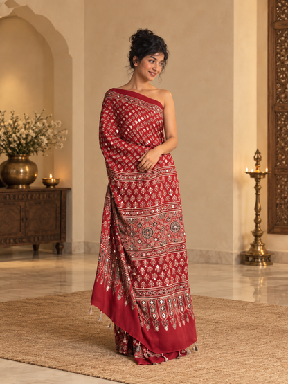Traditional Red Pure Gajji Silk Ajrakh Saree with Handcrafted Mirror