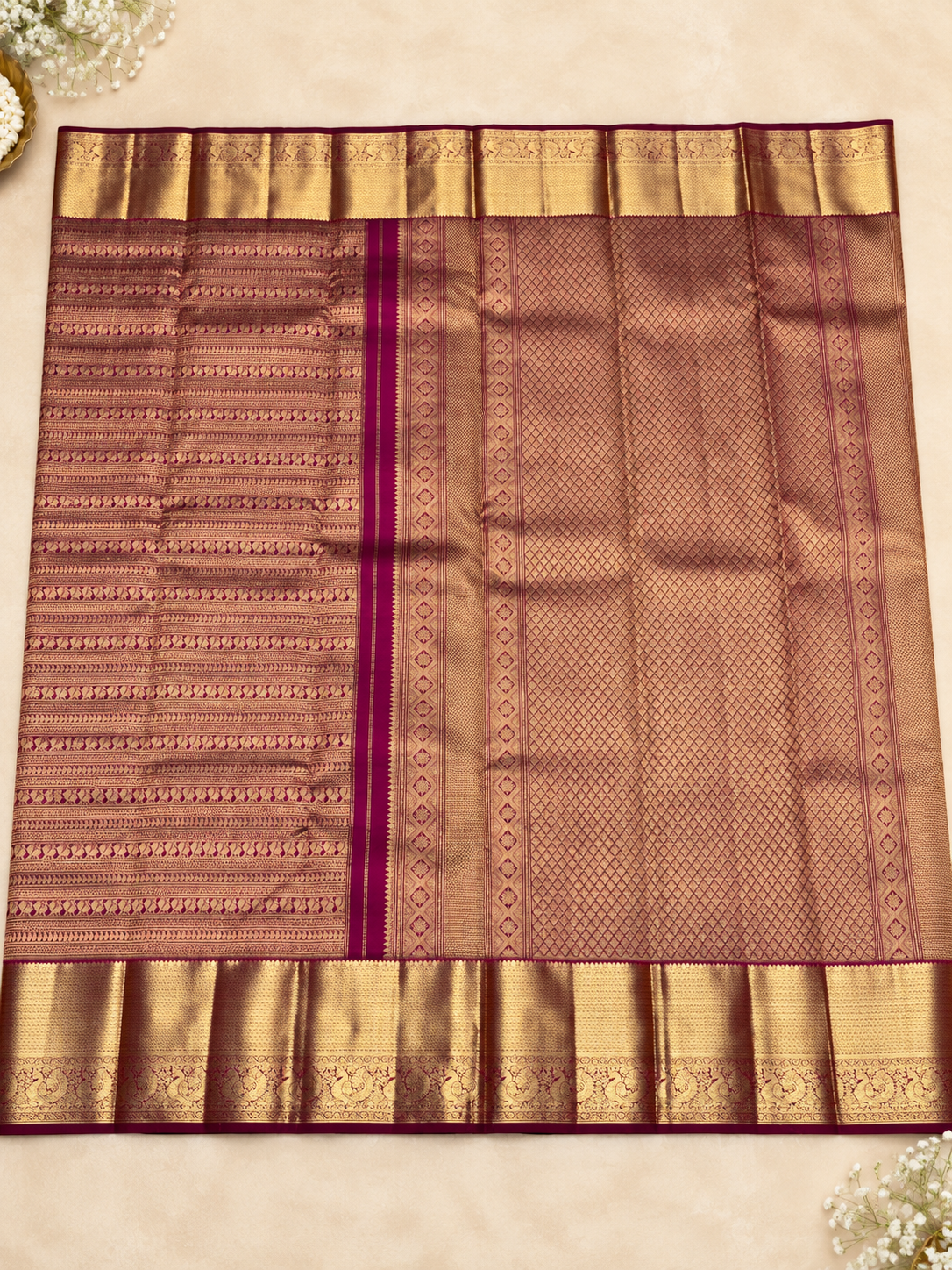 Traditional Wine Soft Banarasi Silk Saree with Pure Gold Zari Bird Motif Border