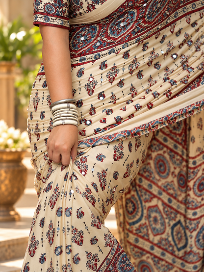 Very Beautiful Off-White Traditional Ajrakh Block-Print Gajji Silk Saree
