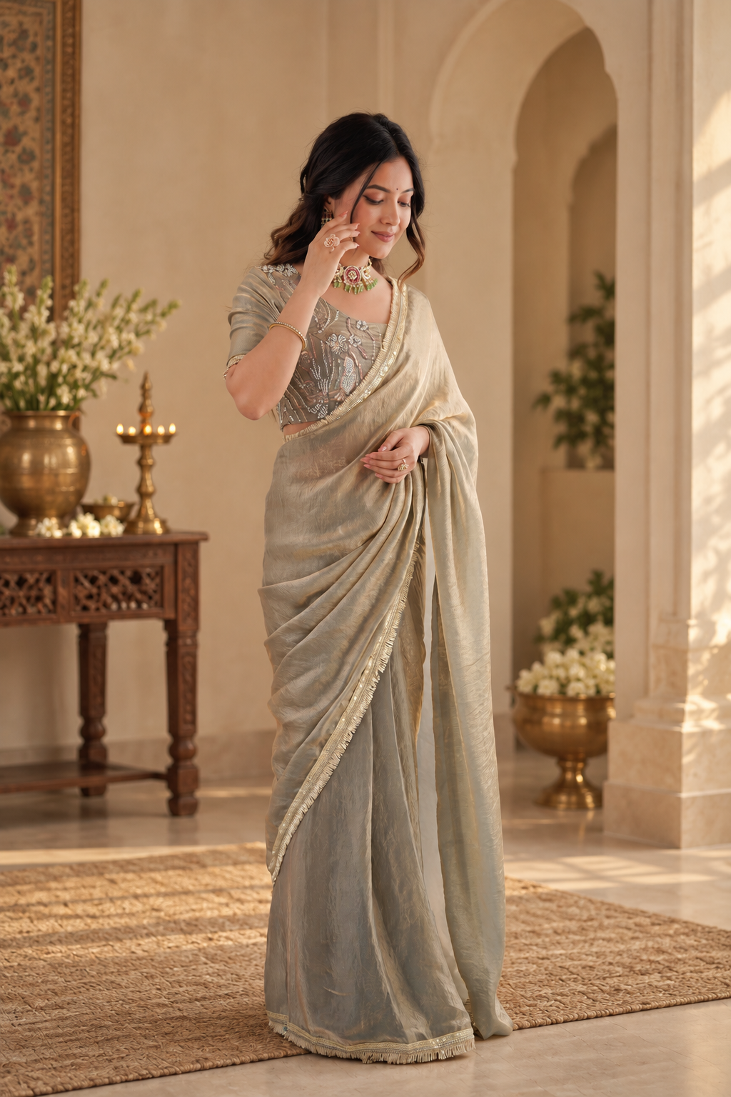 Elegant Sage Gray Fendy Silk Saree With Fancy Lace Work