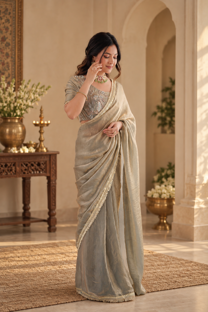 Elegant Sage Gray Fendy Silk Saree With Fancy Lace Work